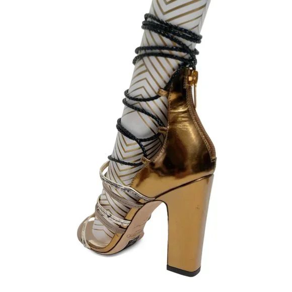 Jimmy Choo Diamond 100 Gold Black Leather Size 36 EU 6 US Strappy Sandals - Picture 8 of 12